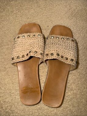 Woven Studded Slide Sandals in Tan